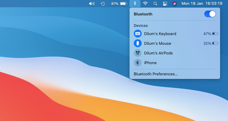 قائمة حالة Bluetooth 