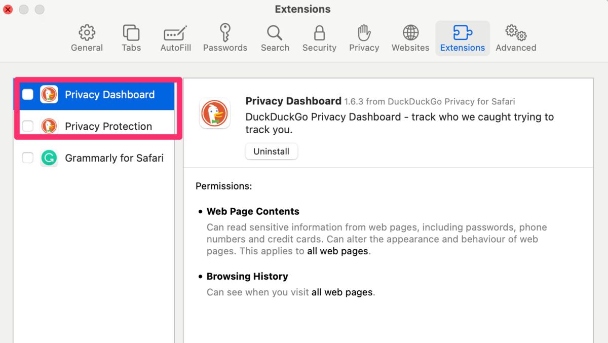 لقطة شاشة لإلغاء تحديد حماية DuckDuckGo في إعدادات Safari 