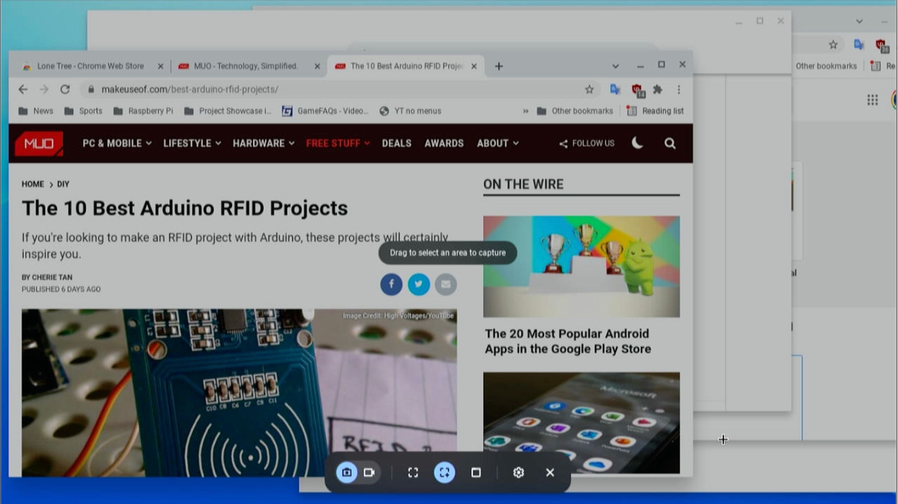 Toolbar pemotongan Chrome OS dengan Parsial Grab dipilih
