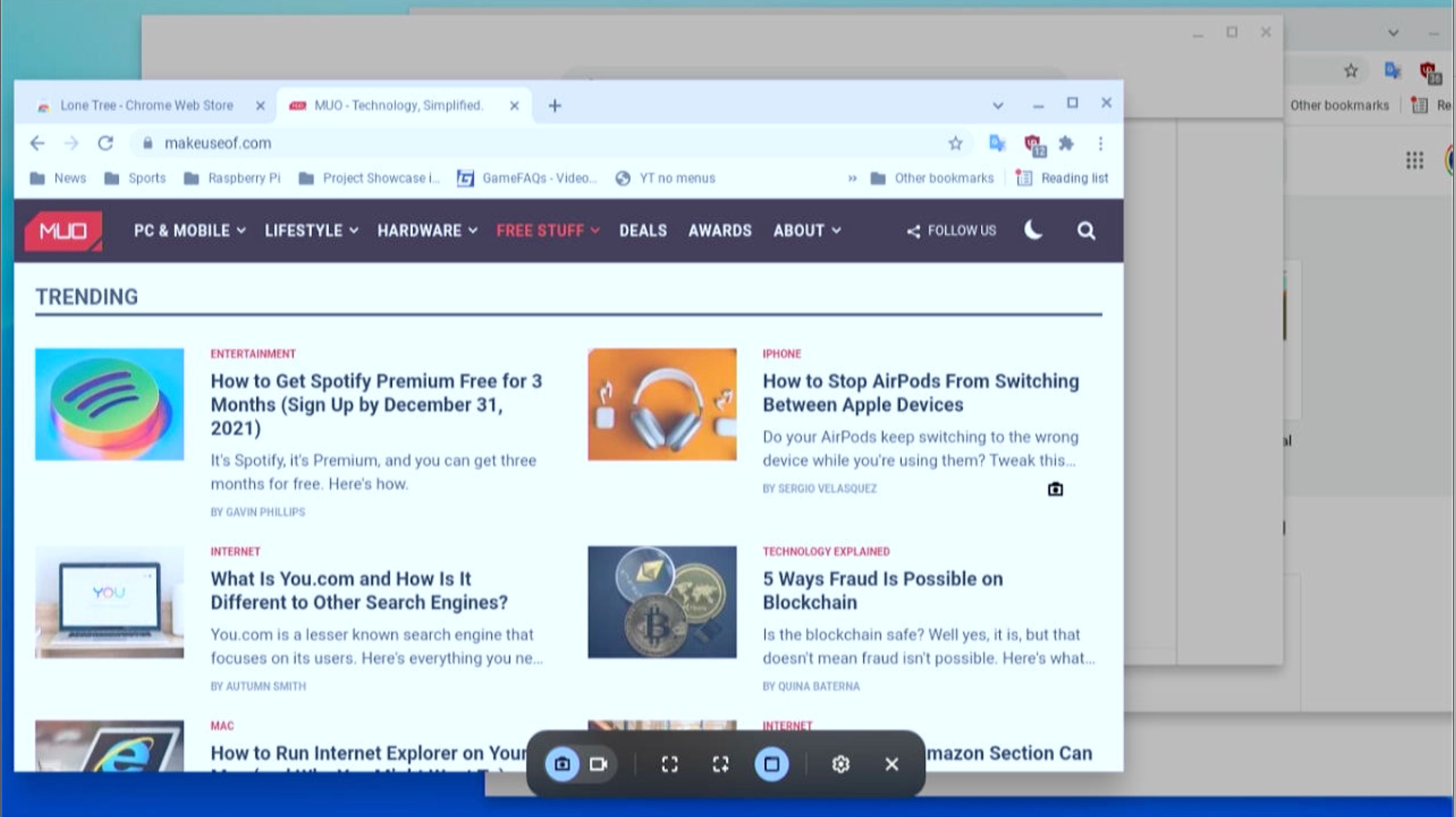 Toolbar pemotongan Chrome OS dengan Window Grab dipilih