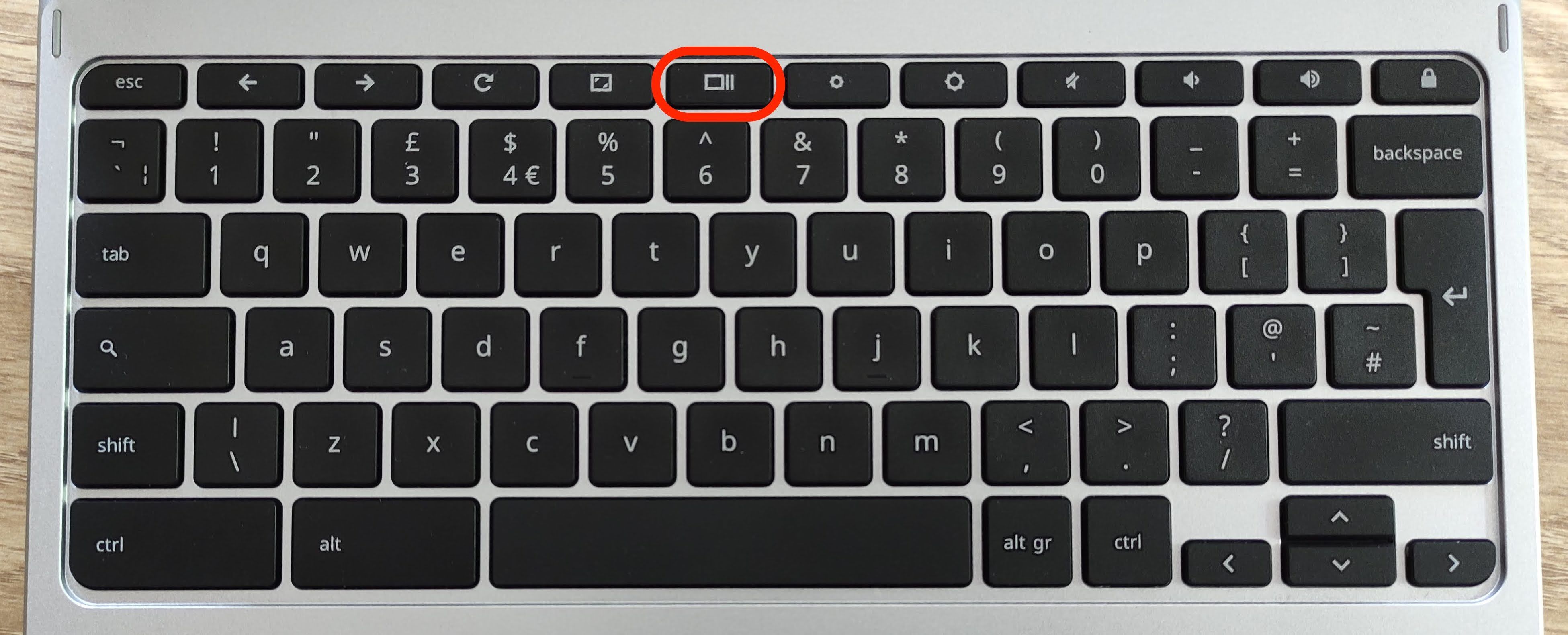 Keyboard Chromebook dengan Tampilkan Semua Kunci Windows yang disorot