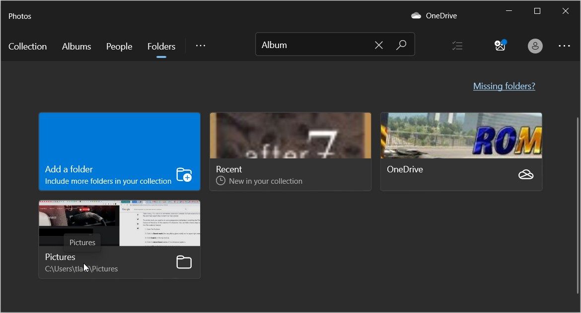 Menggunakan opsi Folder pada Aplikasi Foto Windows