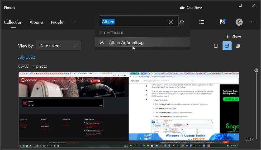 Menggunakan bilah pencarian di Aplikasi Foto Windows