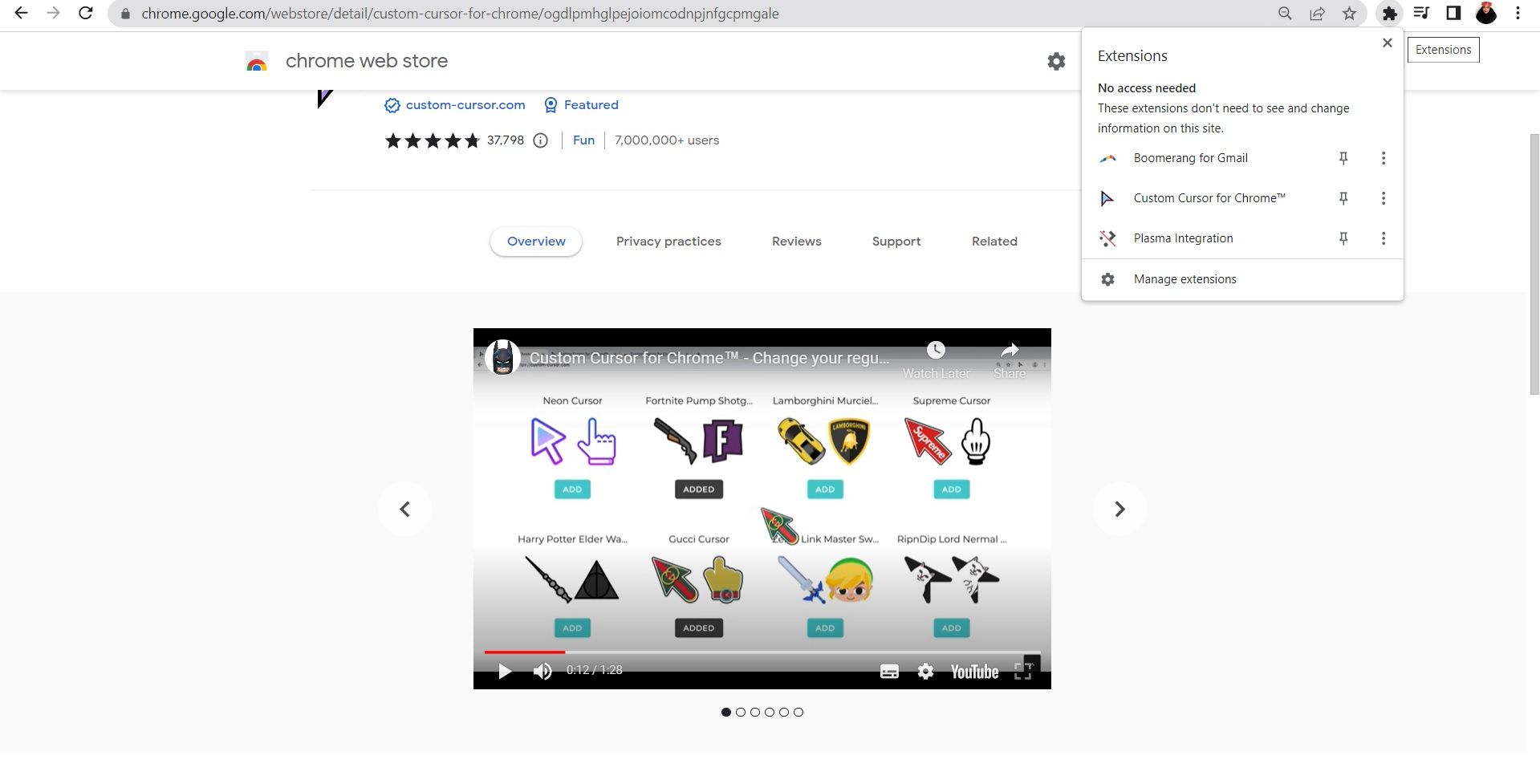 Menu ekstensi di Chrome