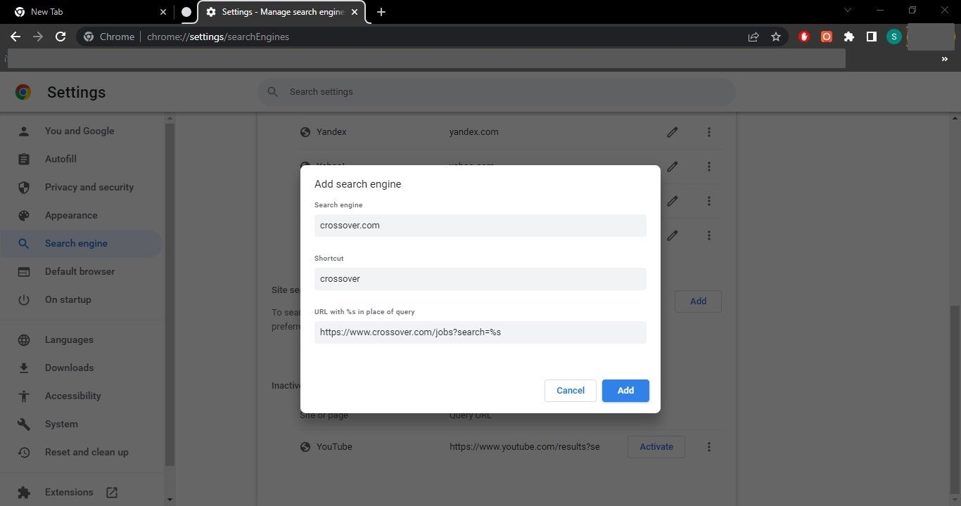 Menambahkan Situs Web Tertentu ke Penelusuran Situs dengan Mengisi Kredensial yang Diberikan di Setelan Chrome