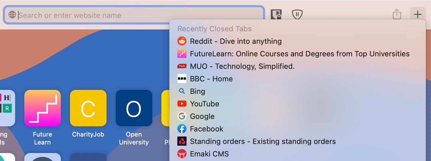 Tab yang baru saja ditutup di Safari
