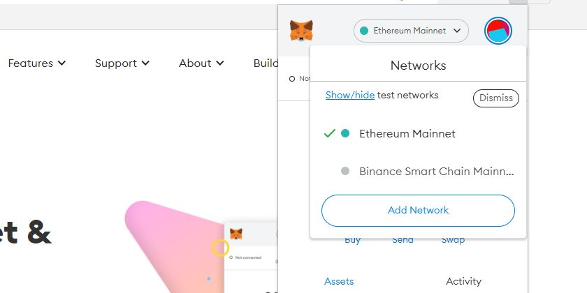 Tangkapan layar dompet metamask menunjukkan perubahan blockchain ke BSC