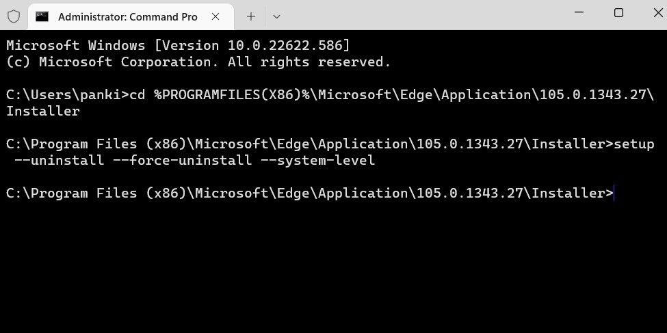 Copot pemasangan Microsoft Edge Menggunakan Command Prompt