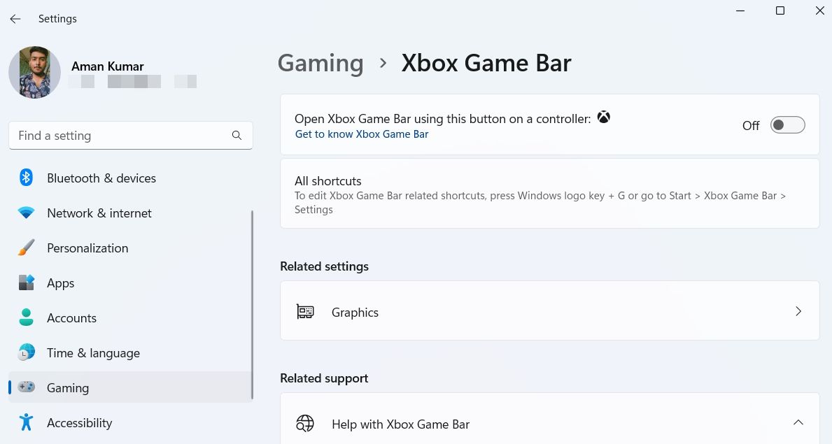 Menonaktifkan bilah permainan Xbox dari pengaturan