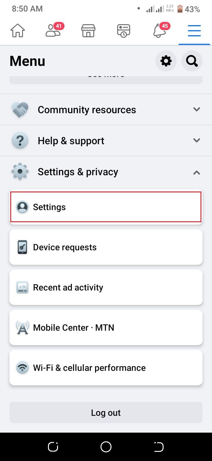 screenshot menampilkan menu facebook