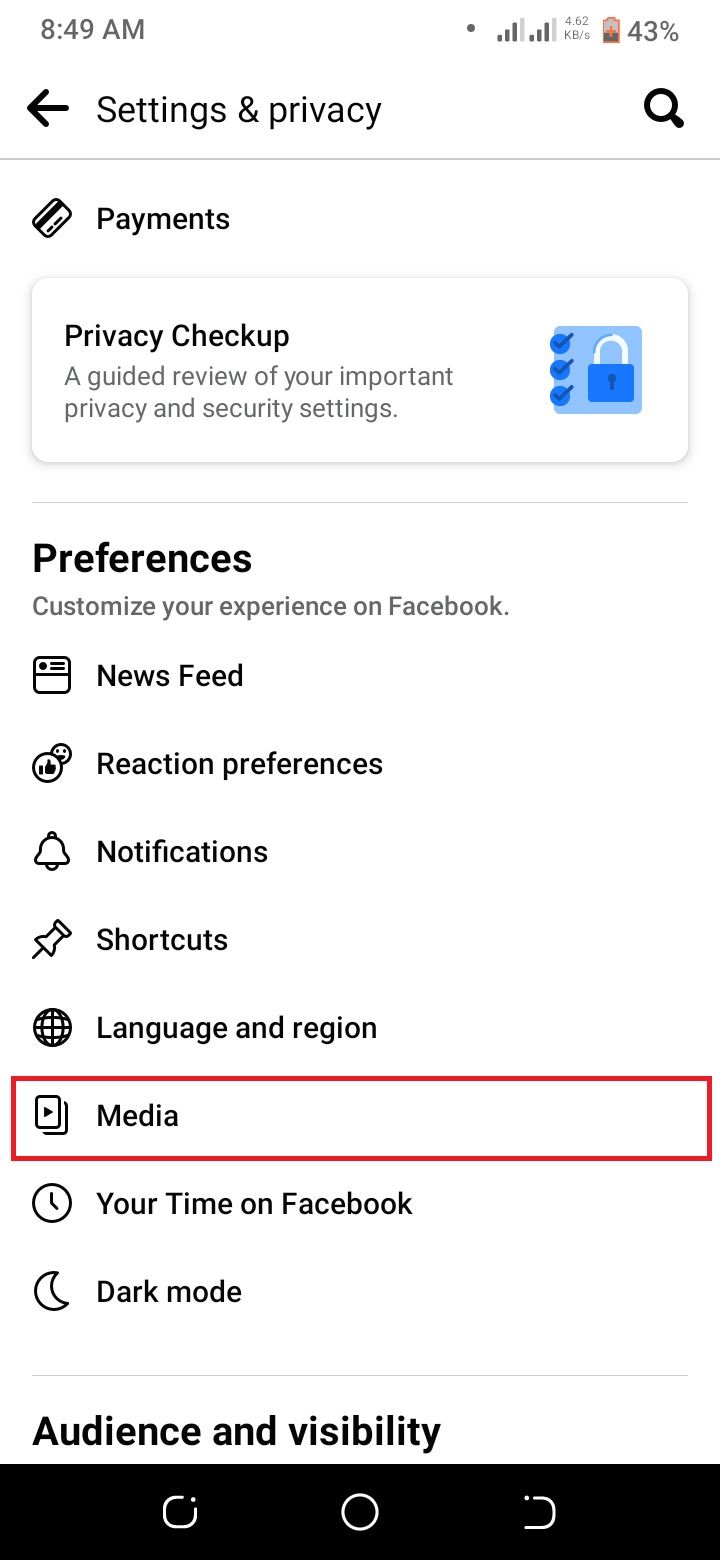 tangkapan layar menampilkan bagian preferensi pengaturan Facebook