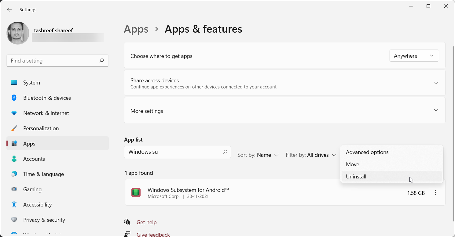 copot pemasangan subsistem windows untuk android