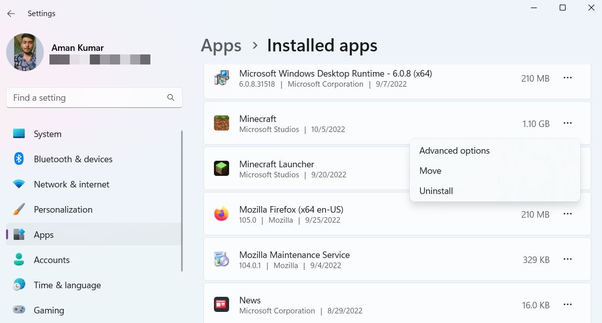 Copot pemasangan Minecraft di menu Pengaturan
