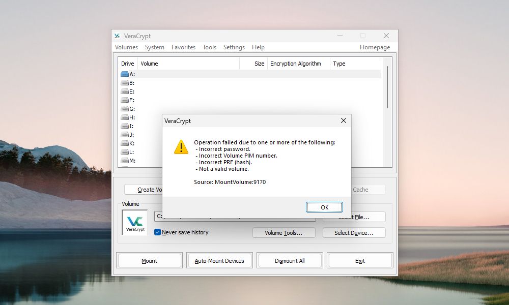 Operasi VeraCrypt gagal jendela pop-up pada jendela utama VeraCrypt