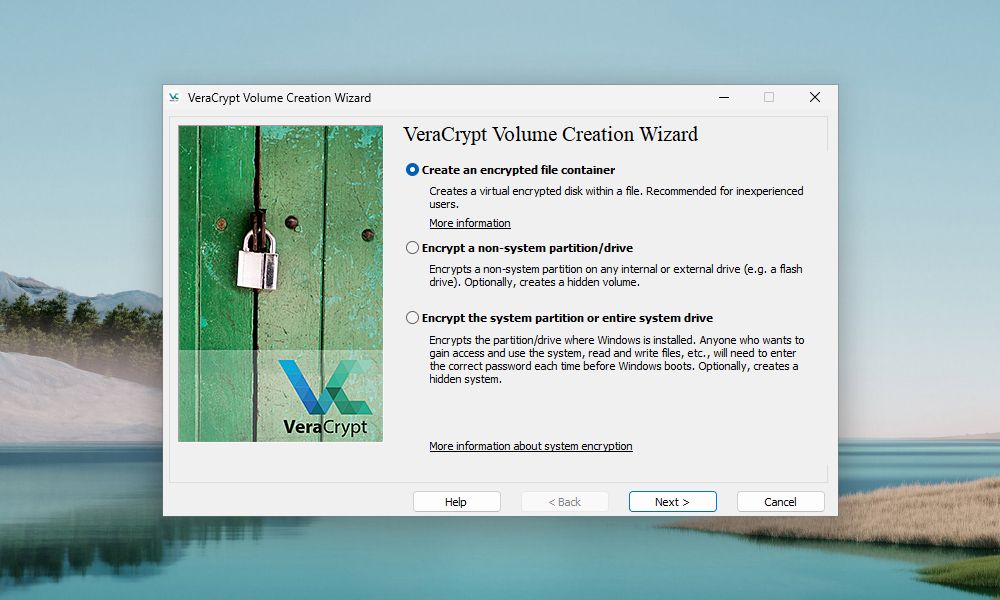 Jendela Wizard Pembuatan Volume VeraCrypt meminta untuk memilih jenis wadah file