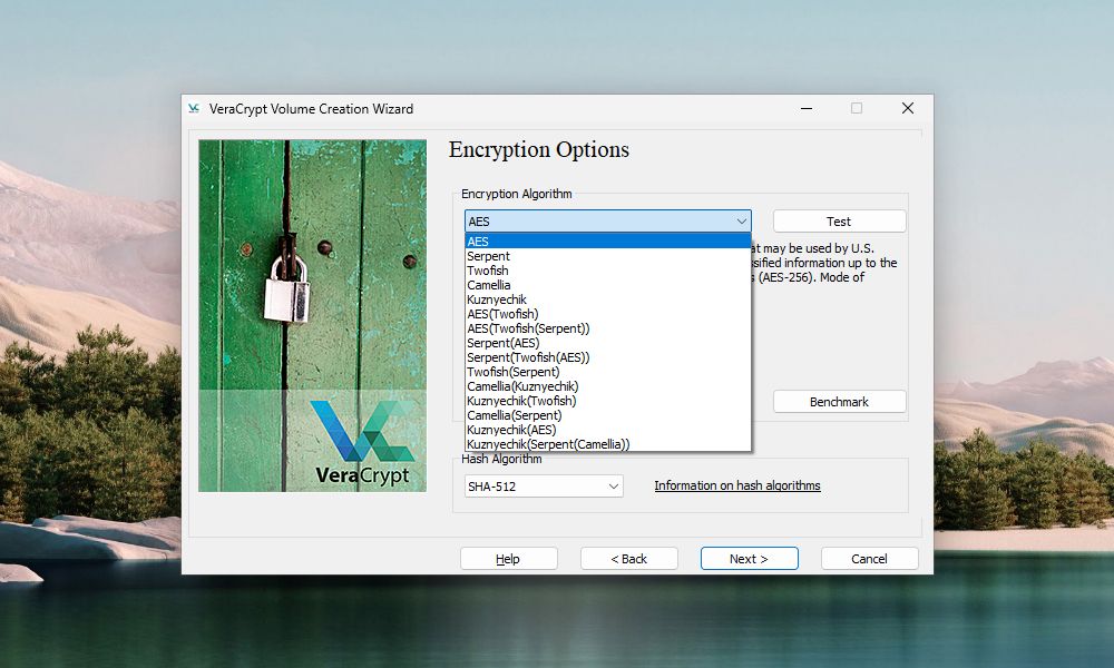 Jendela VeraCrypt Volume Creation Wizard yang meminta untuk memilih enkripsi volume VeraCrypt dan algoritma hash