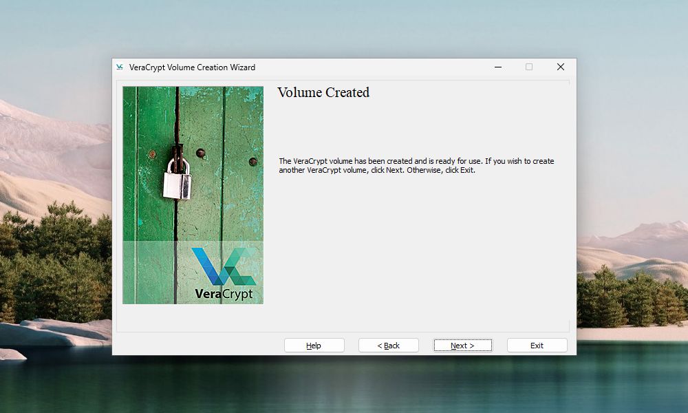 Jendela Wizard Pembuatan Volume VeraCrypt menunjukkan bahwa volume VeraCrypt telah dibuat