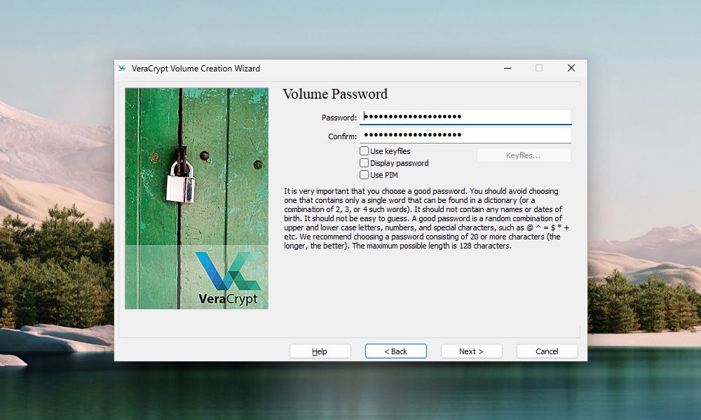 Jendela Wizard Pembuatan Volume VeraCrypt meminta untuk membuat kata sandi volume VeraCrypt
