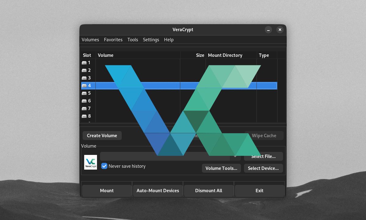 Logo aplikasi VeraCrypt di atas jendela VeraCrypt