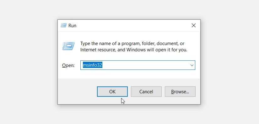 Membuka alat Informasi Sistem menggunakan kotak dialog perintah Run