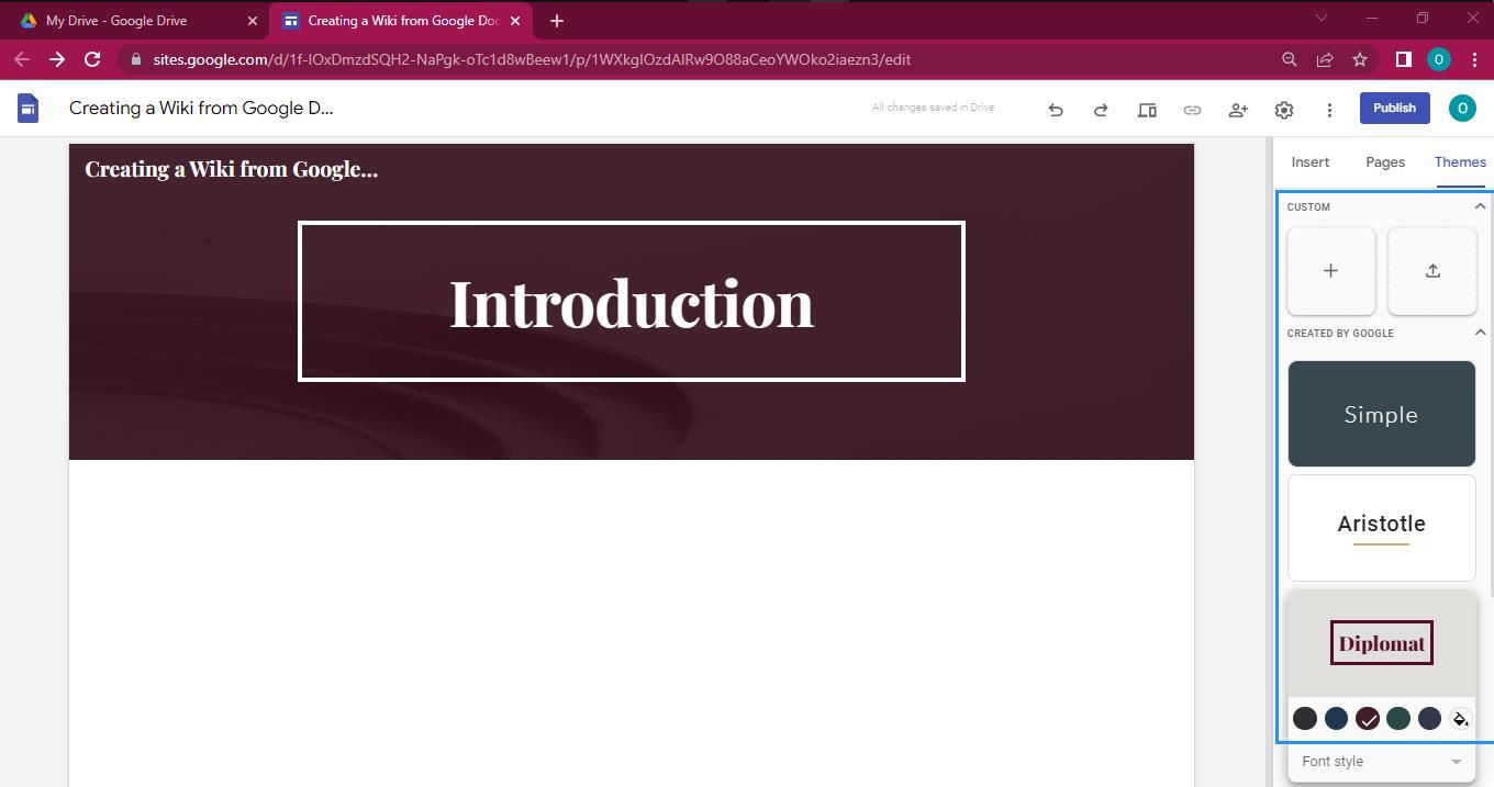 Gambar menampilkan beberapa Tema di Google Sites
