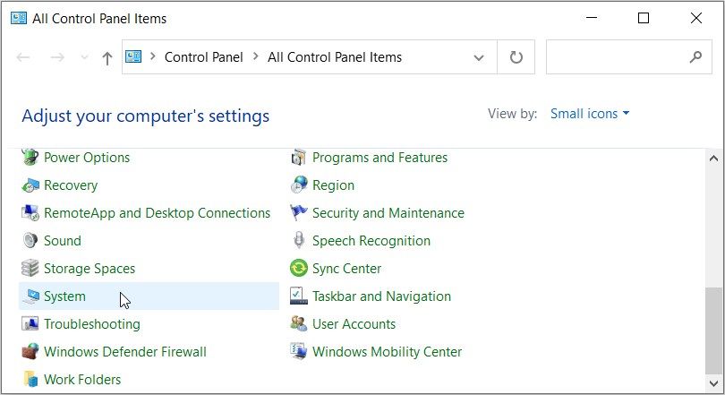 Memilih Sistem dari item menu Panel Kontrol