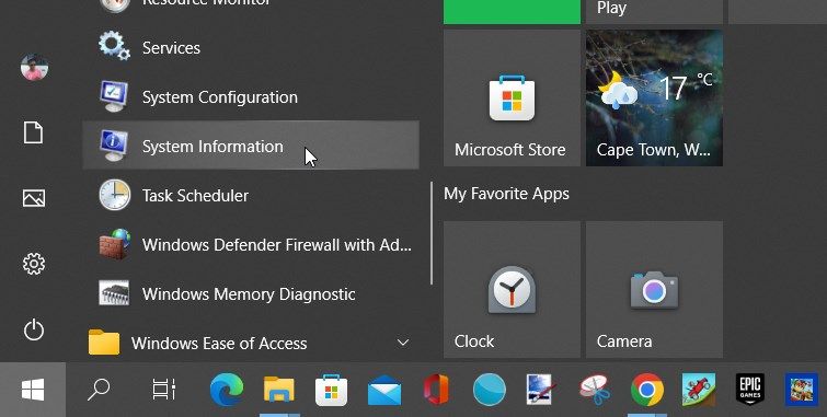 Memilih alat Informasi Sistem pada item menu Mulai
