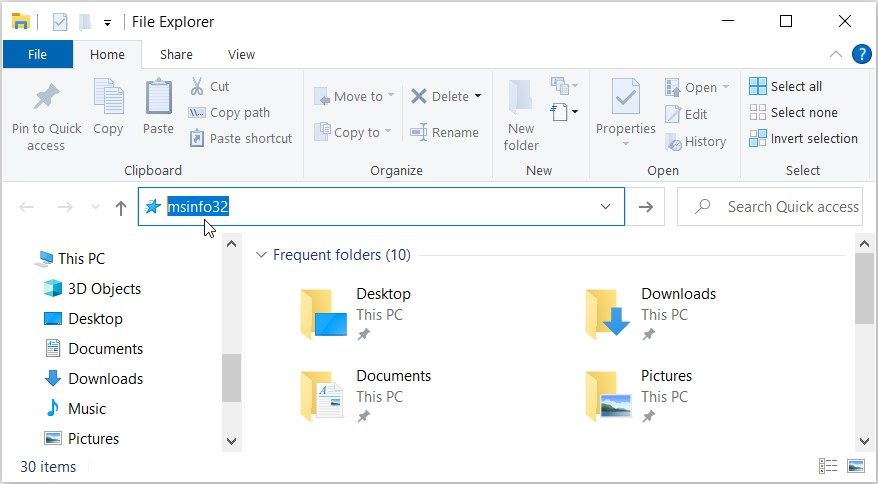Mengetik msinfo32 di bilah alamat File Explorer