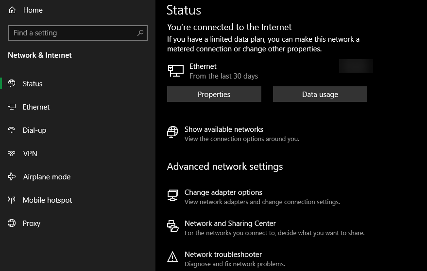 Halaman Status Jaringan Windows 10