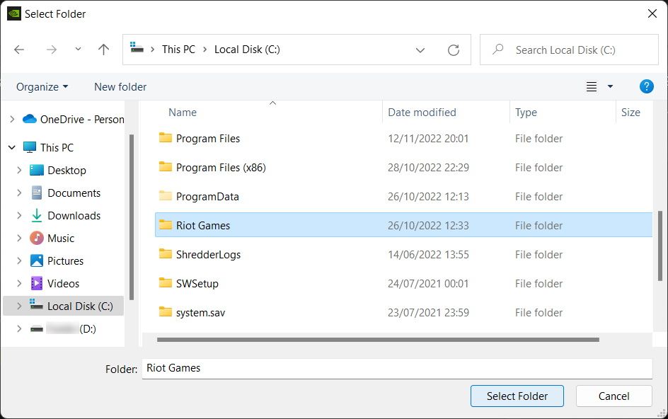 memilih folder untuk ditambahkan ke lokasi pemindaian pengalaman geforce