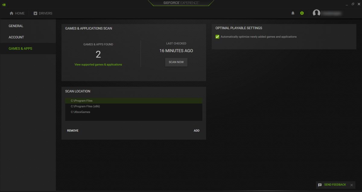 layar aplikasi game di pengaturan pengalaman geforce