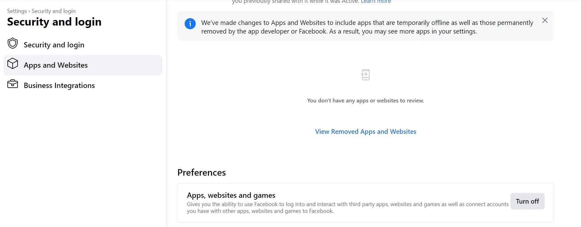tangkapan layar halaman aplikasi dan situs web di pengaturan facebook