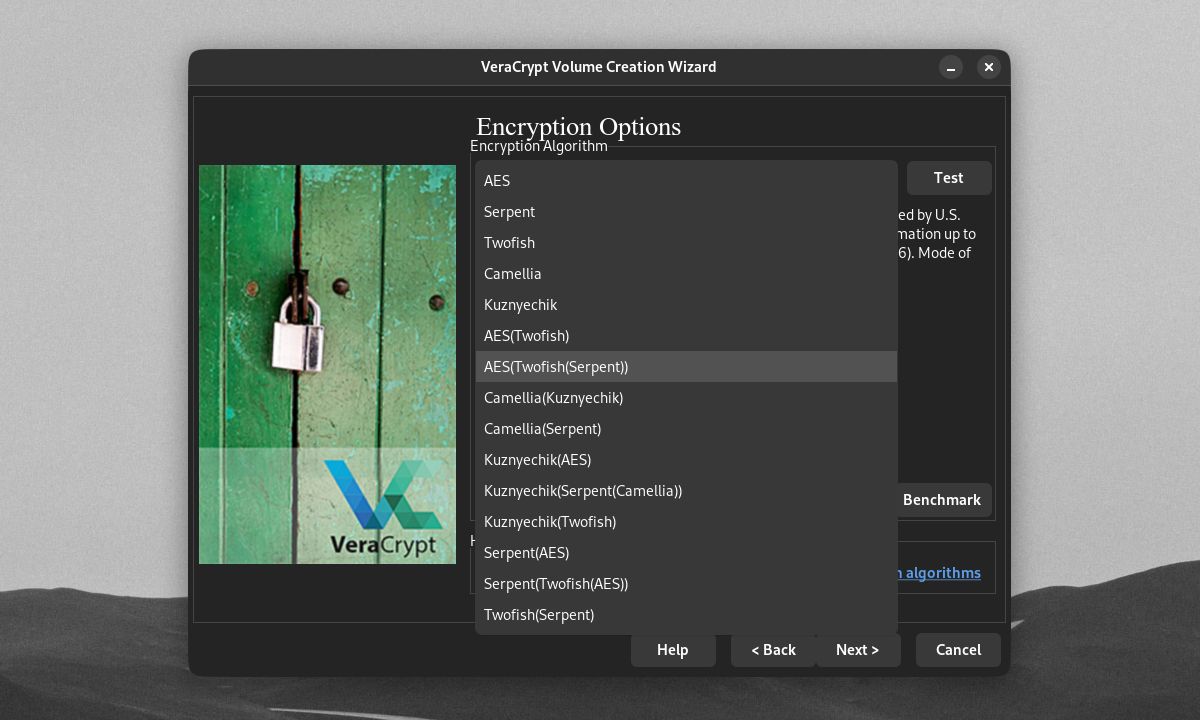 Jendela Opsi Enkripsi VeraCrypt Volume Creation Wizard dengan drop down Algoritma Enkripsi