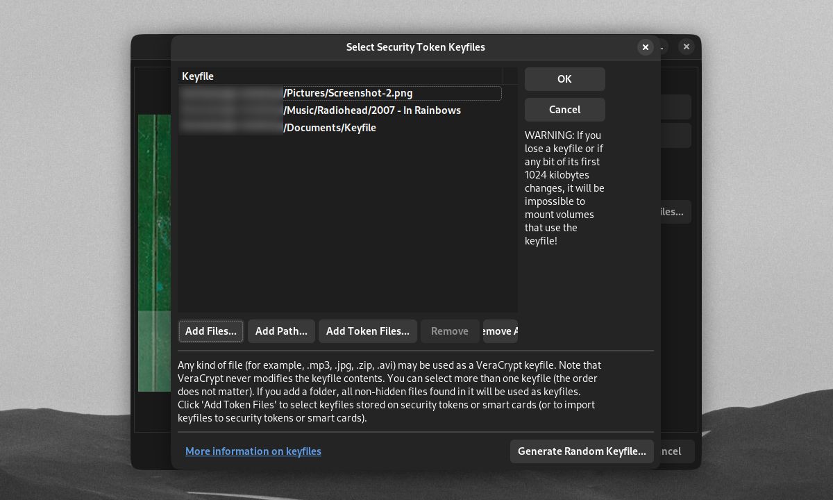 VeraCrypt Pilih jendela Security Token Keyfiles