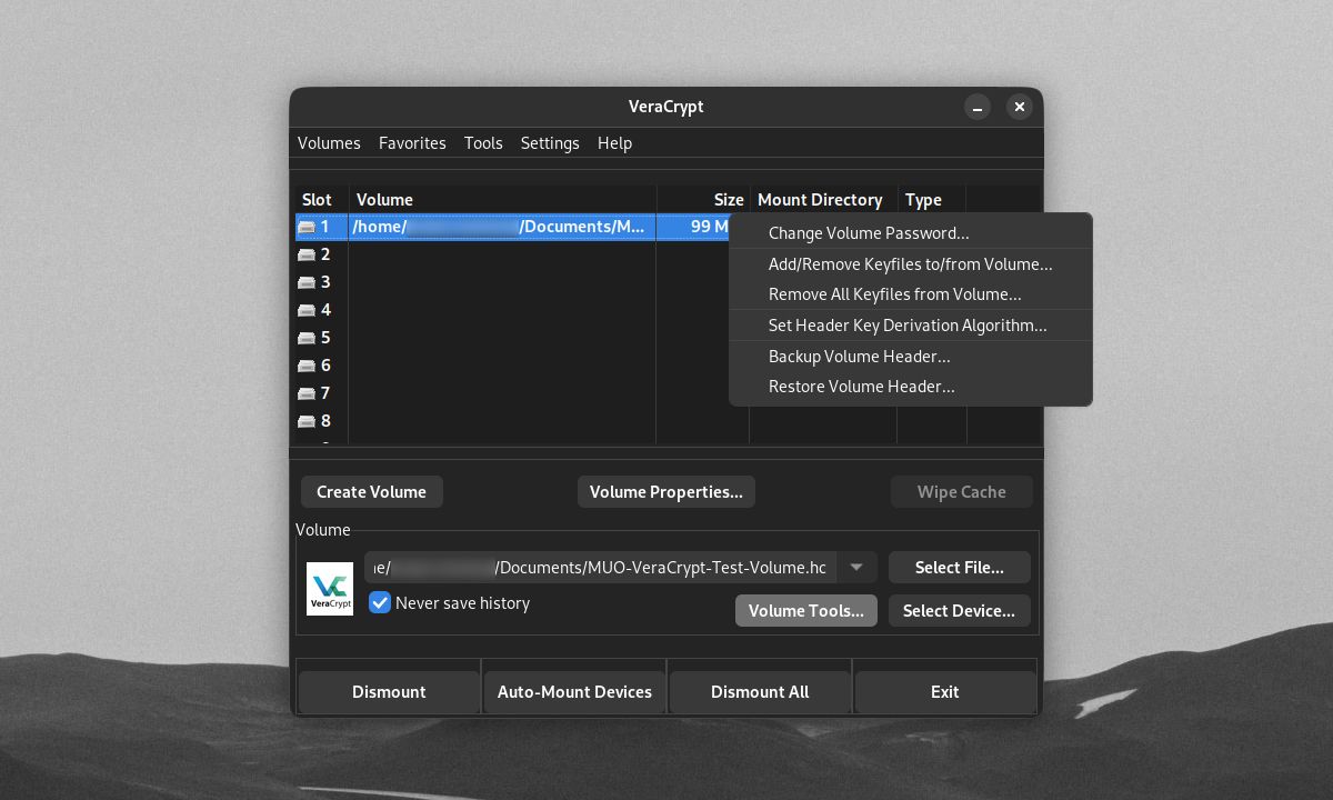 Jendela utama VeraCrypt dengan tombol Volume Tools yang disorot