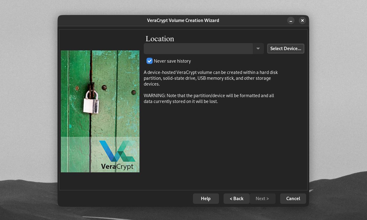 VeraCrypt Volume Creation Wizard meminta untuk memilih lokasi drive/partisi