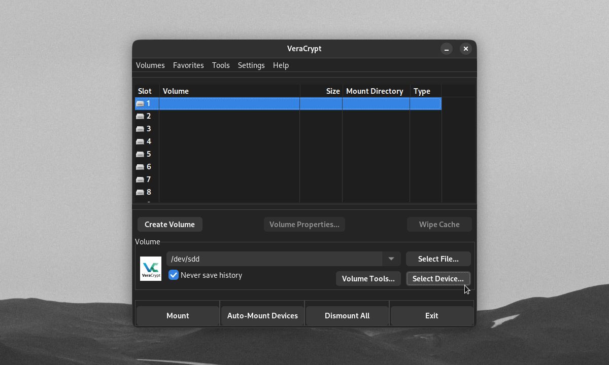 Jendela utama VeraCrypt dengan tombol Select Device yang disorot
