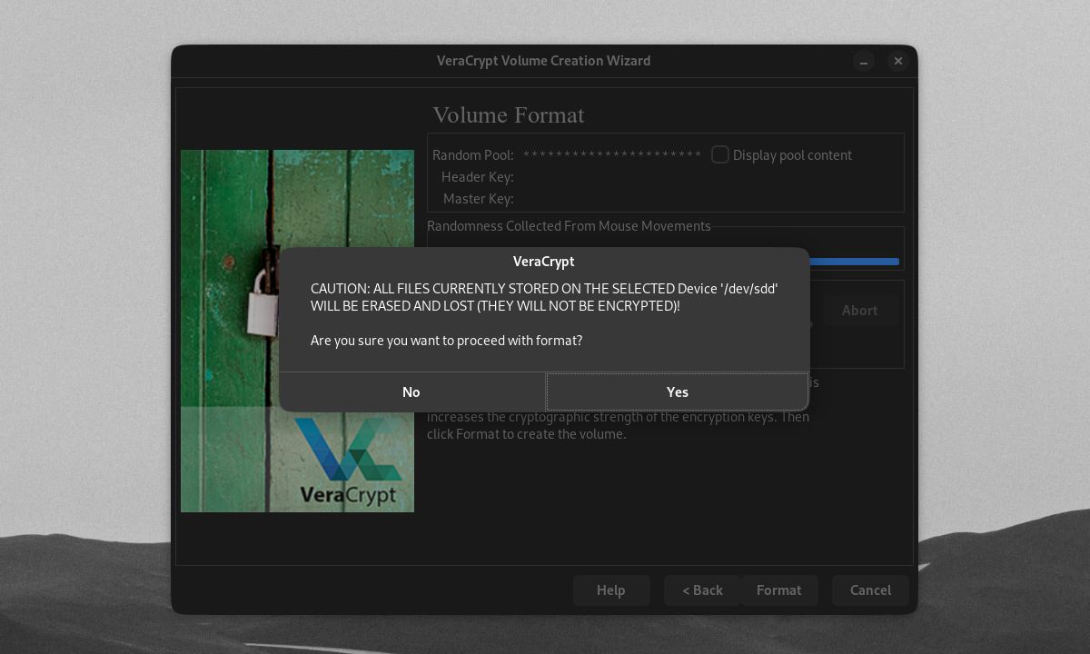 VeraCrypt peringatan pop-up saat memformat drive/partisi