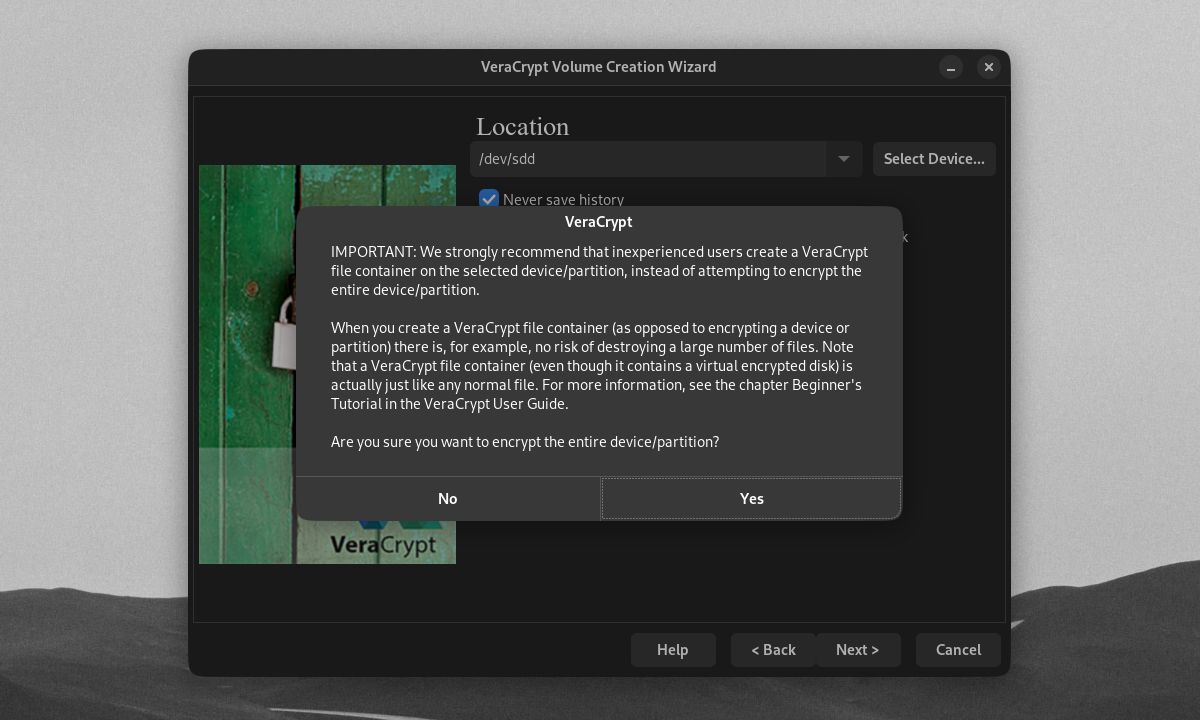 VeraCrypt memperingatkan pop-up saat mengenkripsi perangkat/partisi