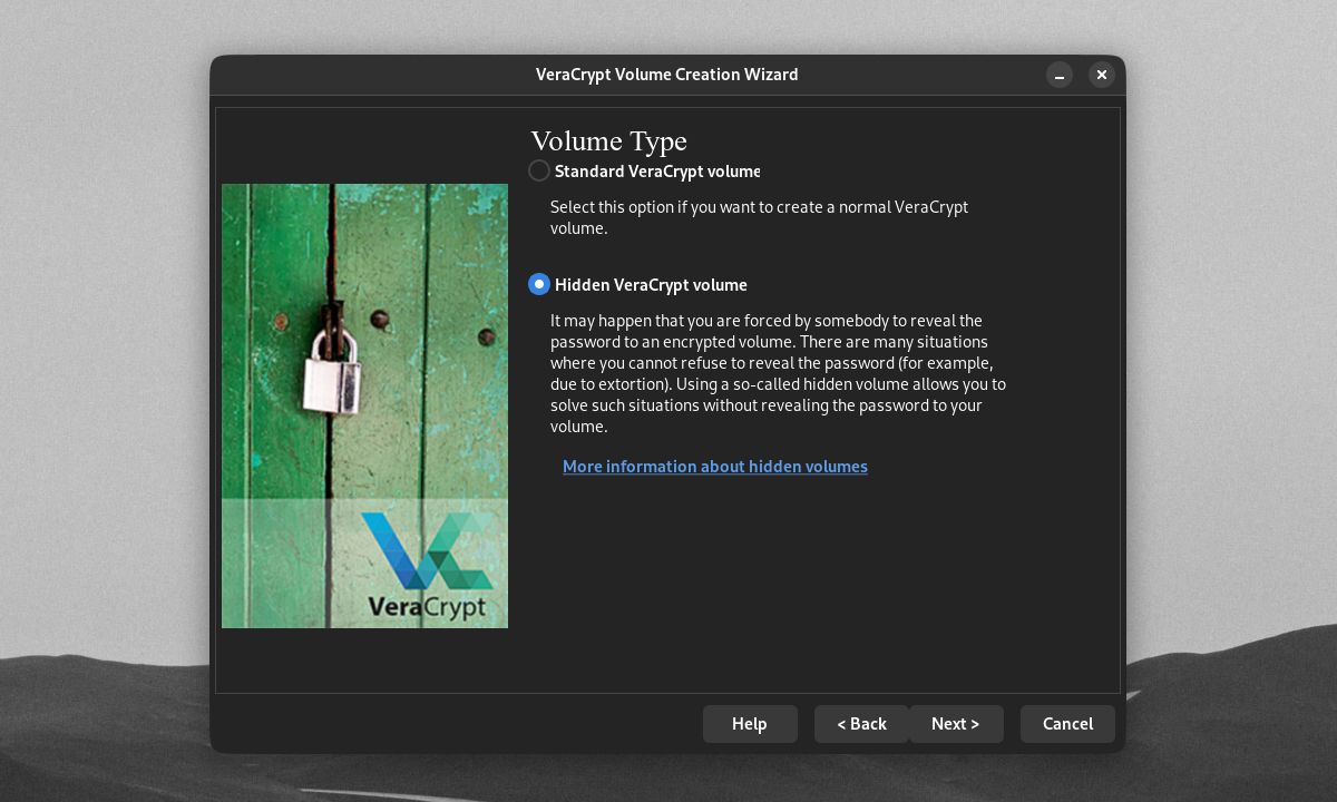 opsi VeraCrypt Volume Creation Wizard untuk membuat volume VeraCrypt tersembunyi