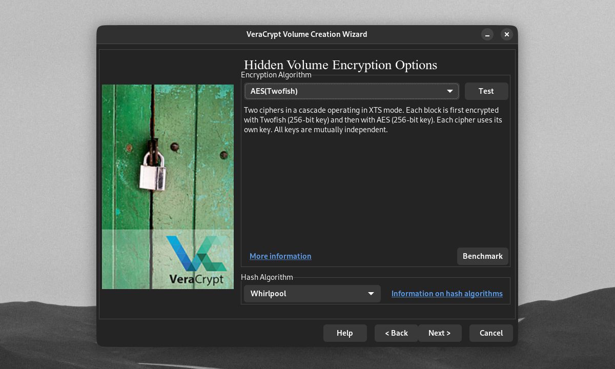 VeraCrypt Volume Creation Wizard Jendela Opsi Enkripsi Volume Tersembunyi