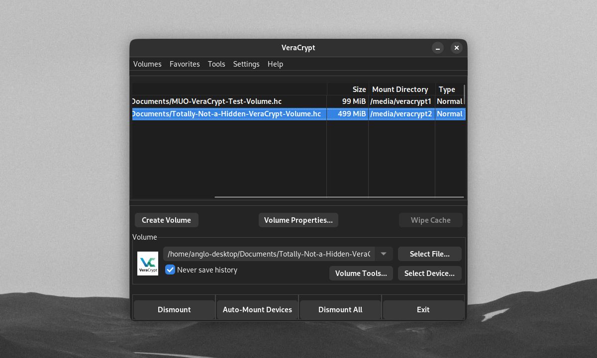 Jendela utama VeraCrypt dengan volume luar terpasang