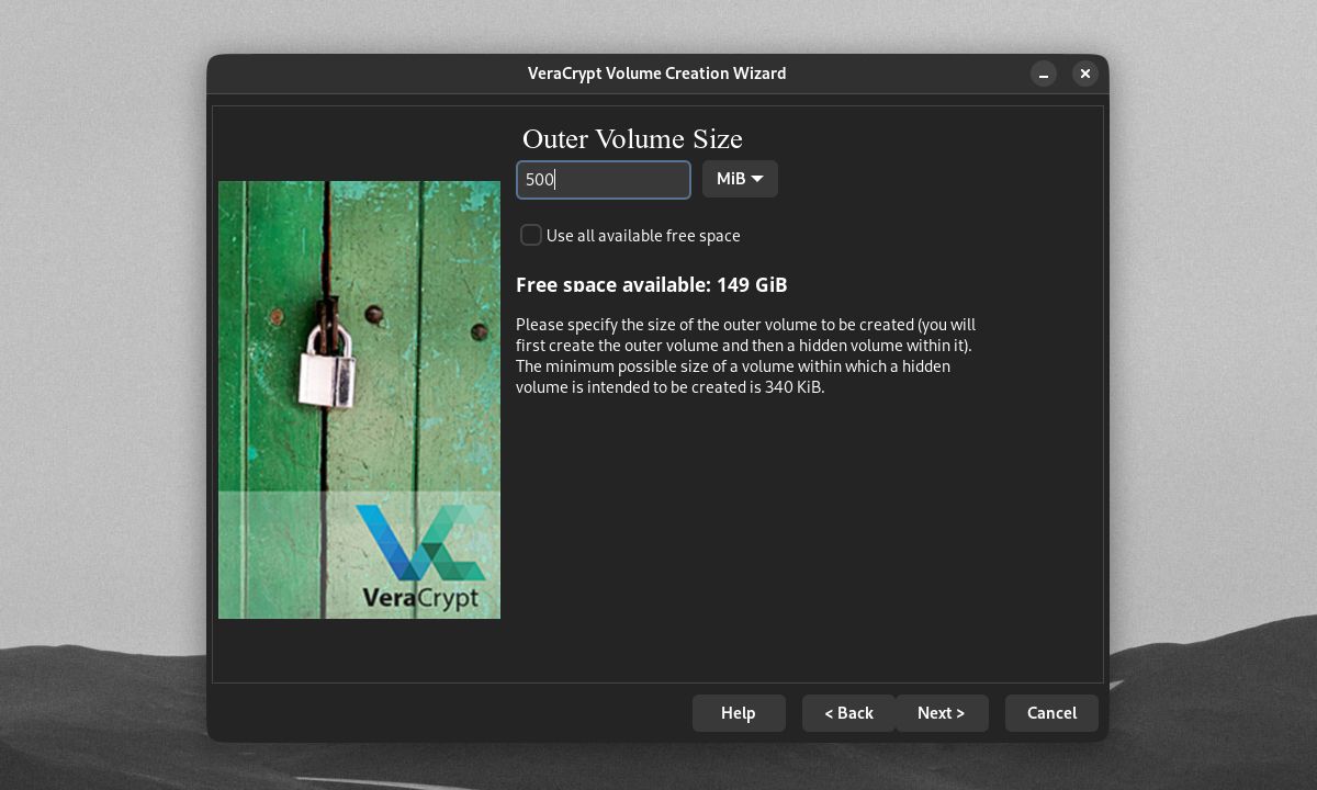 VeraCrypt Volume Creation Wizard Jendela Ukuran Volume Luar