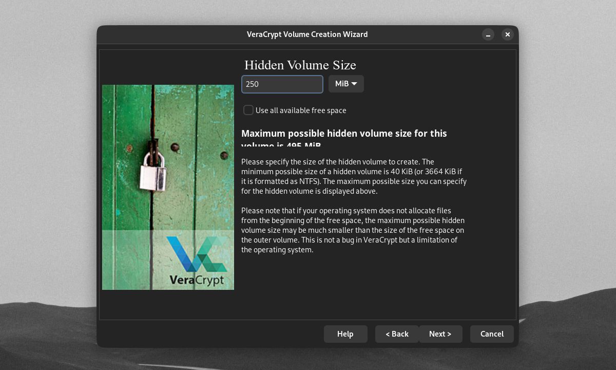 VeraCrypt Volume Creation Wizard Jendela Ukuran Volume Tersembunyi
