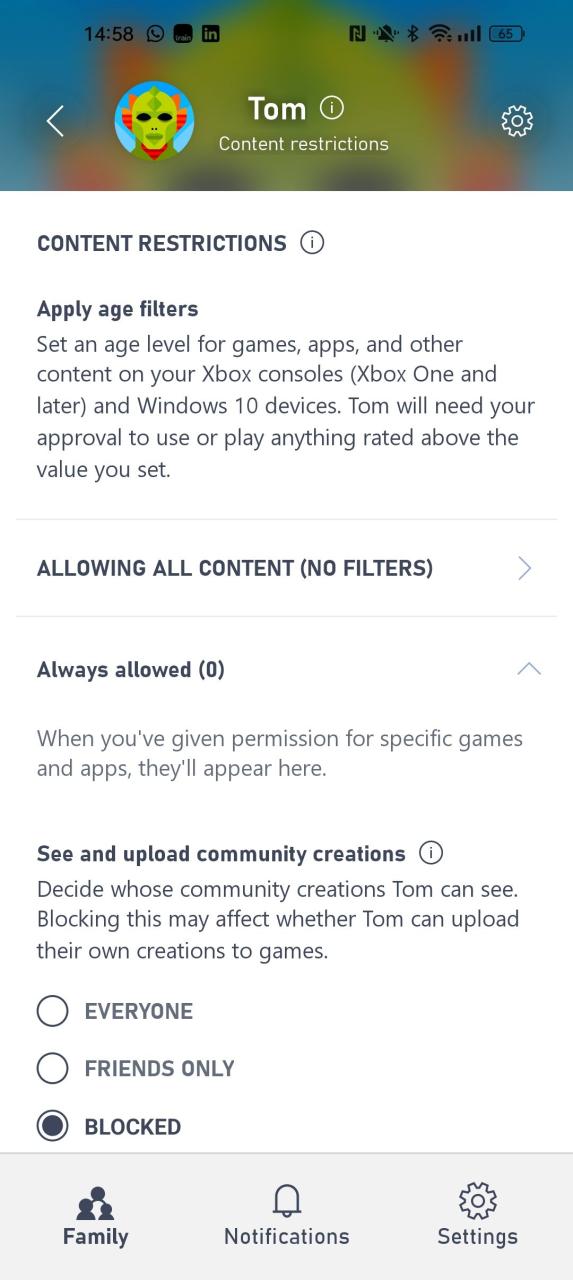Tangkapan layar pengaturan orang tua Pembatasan Konten dalam aplikasi Xbox Family Settings