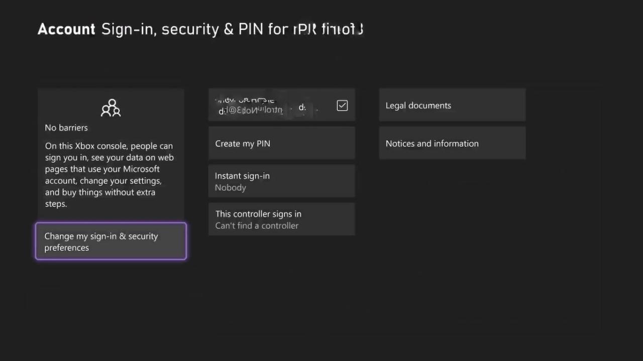 Tangkapan layar Keamanan Masuk dan pengaturan Pin di Xbox Series X dengan Ubah Masuk Saya dan Preferensi Keamanandisorot 