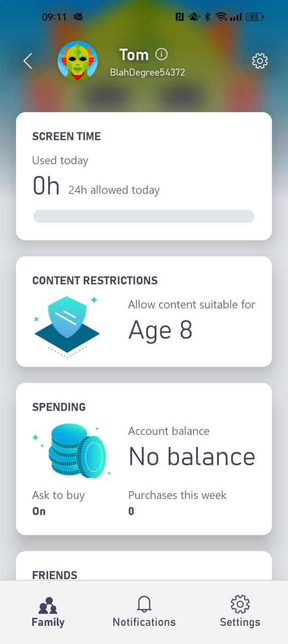 Tangkapan layar aplikasi Xbox Family Settings dengan layar Family disorot