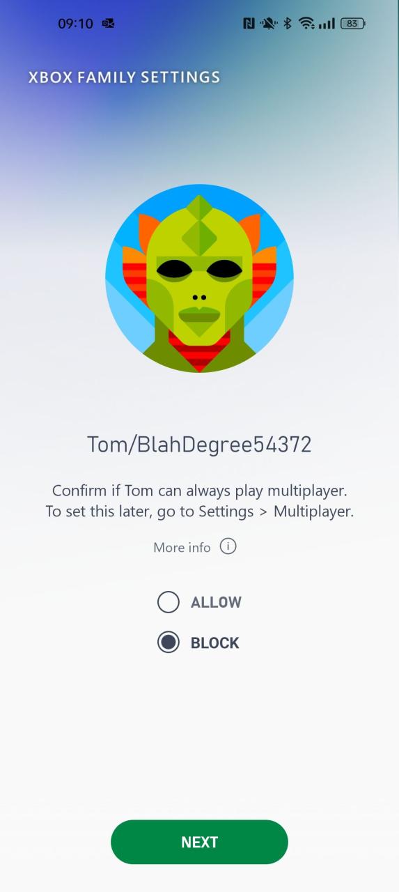 Tangkapan layar preferensi multipemain di aplikasi Xbox Family Settings