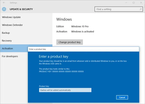 Activate Windows 10 with Product Key