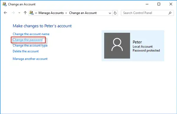 password reset windows 10 control panel